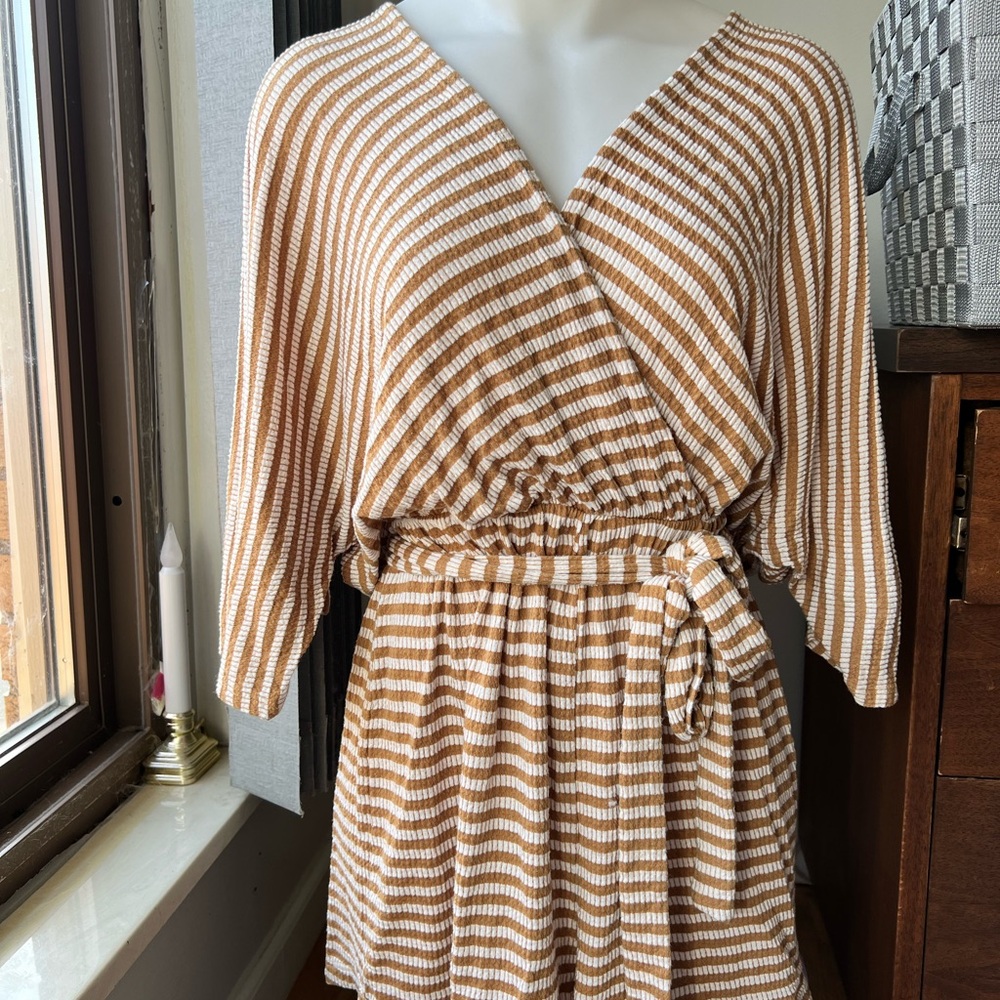 Lush Tan and White Striped Wrap Front Romper